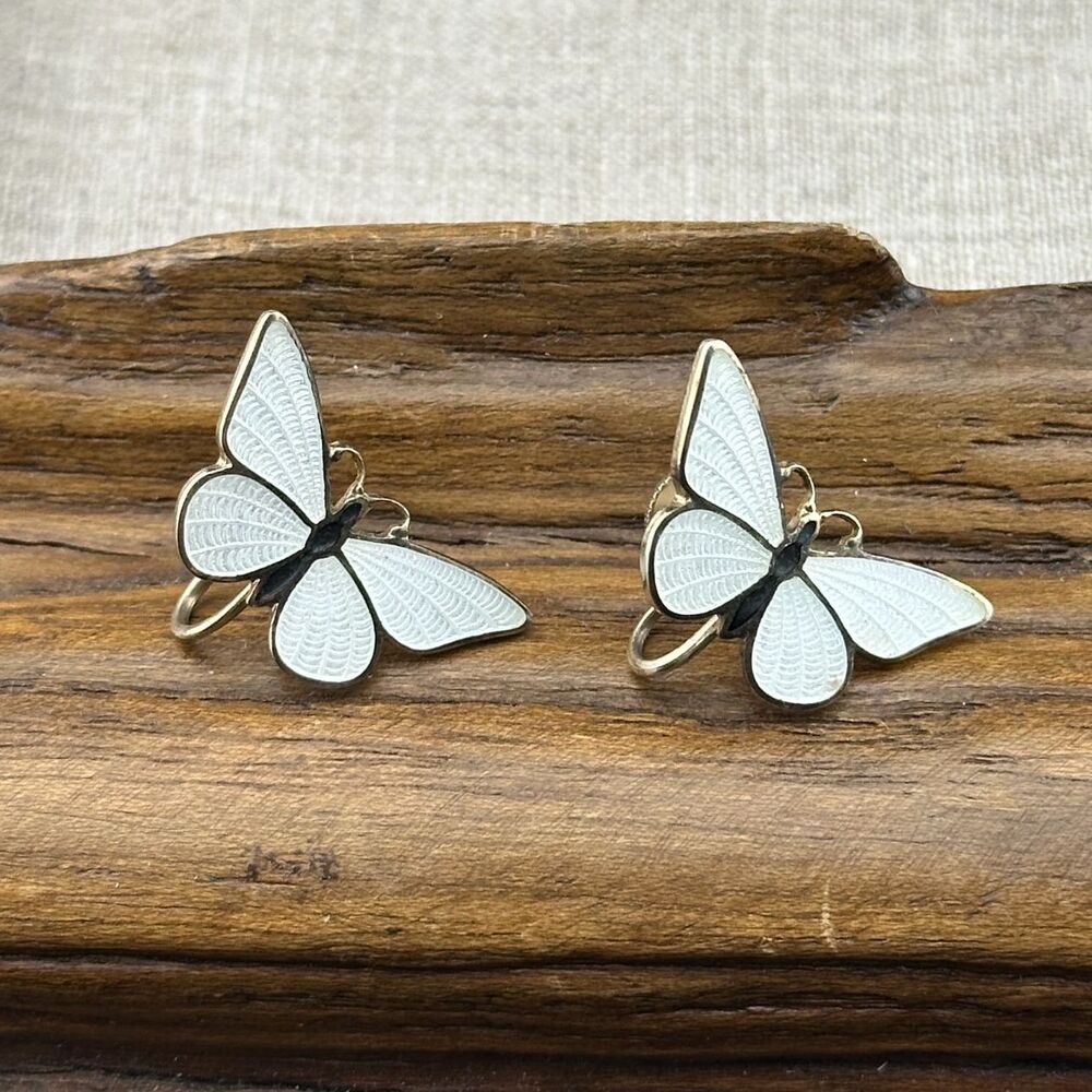 Vintage Silver-tone White Black Guilloche Enamel Butterfly Earrings Screw Back